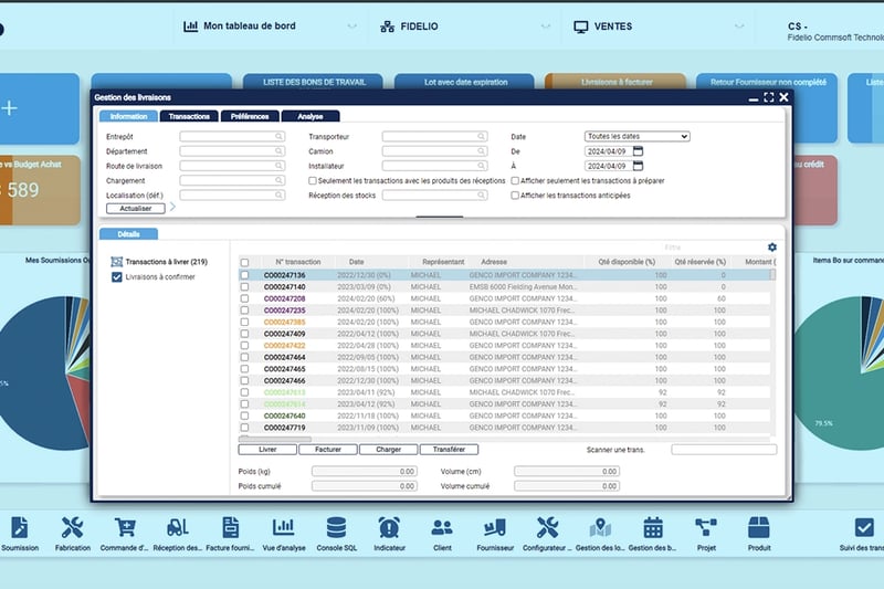 Écran de gestion des livraisons de l'ERP Fidelio