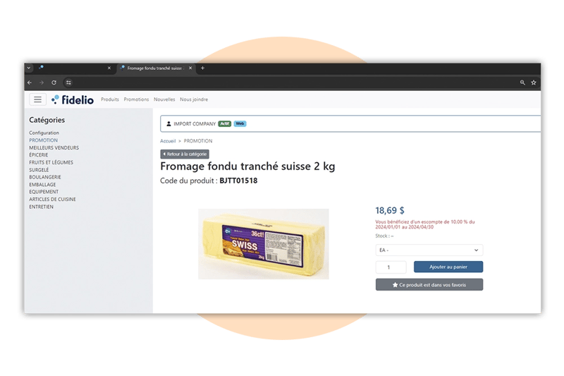 Exemple de page produit de la plateforme e-commerce de l'ERP Fidelio