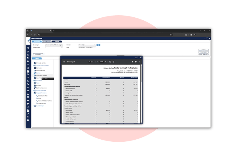 Écran de gestion comptable de l'ERP Fidelio